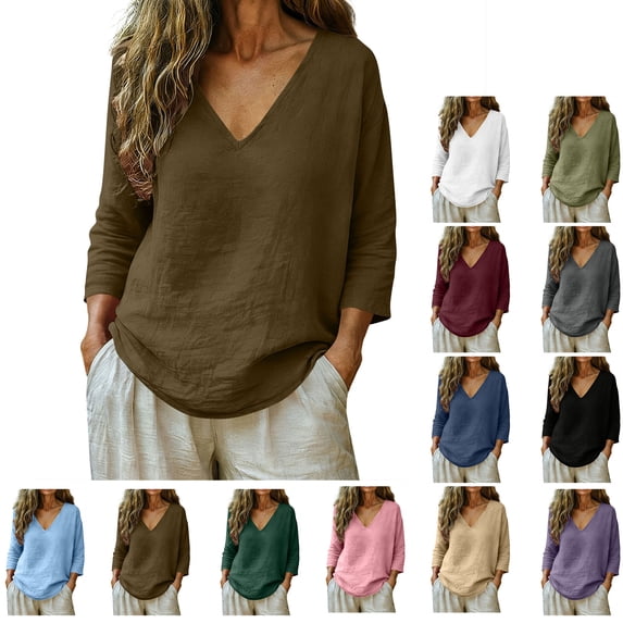 Vmvidoty Boho Clothes for Women 3/4 Length Sleeve Size S-5XL 12+ Colors Tees For Women Solid Color Loose Summer Classic T-Shirt Coffee 4XL