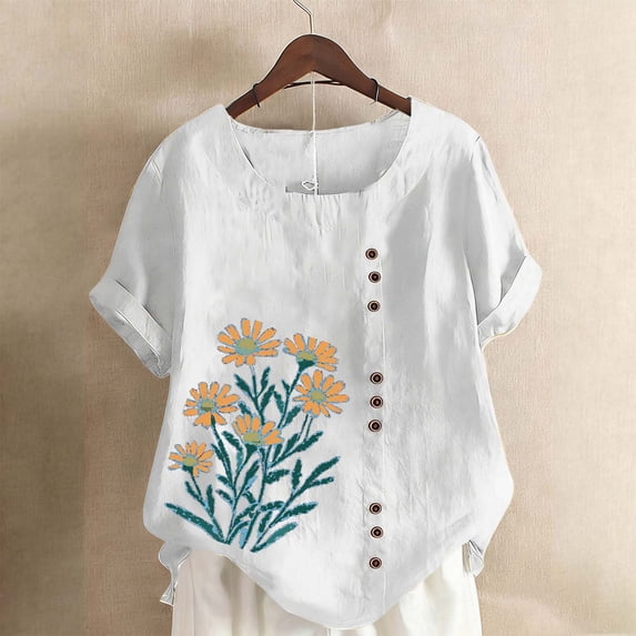 Vmvidoty Cotton Linen Vintage Daisy Bouquet Oil Painting Style Print Top 2026 Women's Spring And Summer Round Neck Short Sleeve Casual Fashion Button T-Shirt White XXL