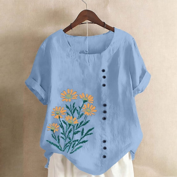 Vmvidoty Cotton Linen Vintage Daisy Bouquet Oil Painting Style Print Top 2026 Women's Spring And Summer Round Neck Short Sleeve Casual Fashion Button T-Shirt Sky Blue XXL