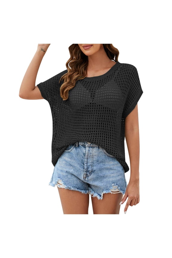 Crochet Cover Ups for Women Colorful Hollow Out Swim Cover Up Knit Summer Outfits Black S