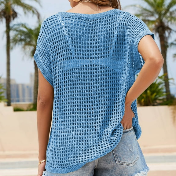 Vmvidoty Crochet Cover Ups for Women Colorful Hollow Out Swim Cover Up Knit Summer Outfits Sky Blue XL