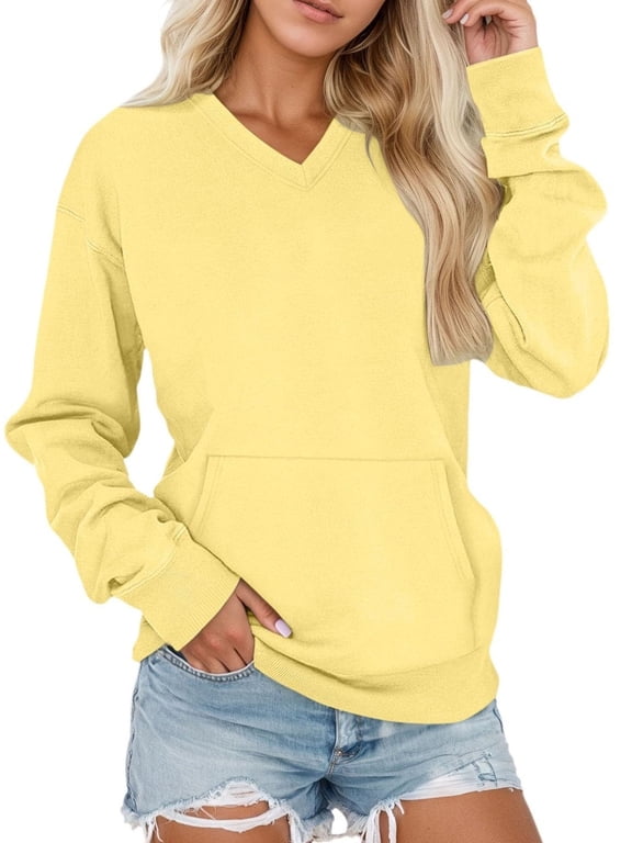 Women's V-Neck Drop Shoulder Sweatshirt Casual Loose Fit Long Sleeve Pullover with Pockets(Gold, XL)