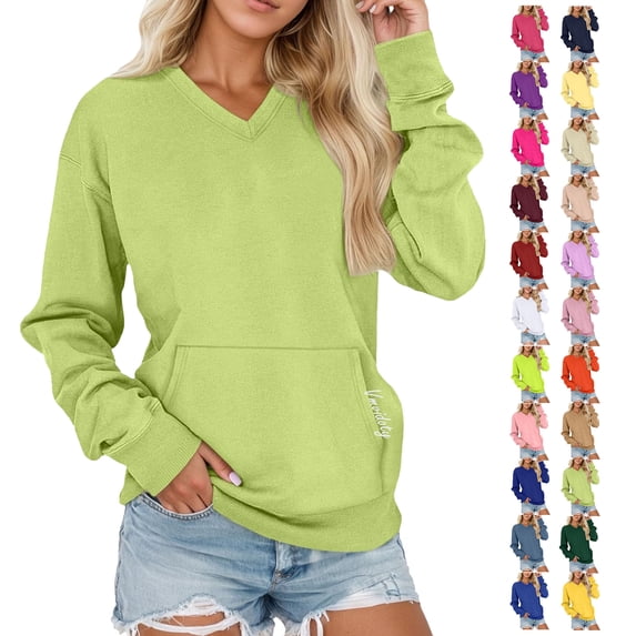 Vmvidoty Fall Sweatshirts for Women Lightweight Pullover V Neck Long Sleeve Shirts with Pockets Hoodless Hoodies Fleece Pullover Casual Loose Fit Tops Green S