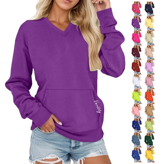Vmvidoty Fall Sweatshirts for Women Lightweight Pullover V Neck Long Sleeve Shirts with Pockets Hoodless Hoodies Fleece Pullover Casual Loose Fit Tops Purple L