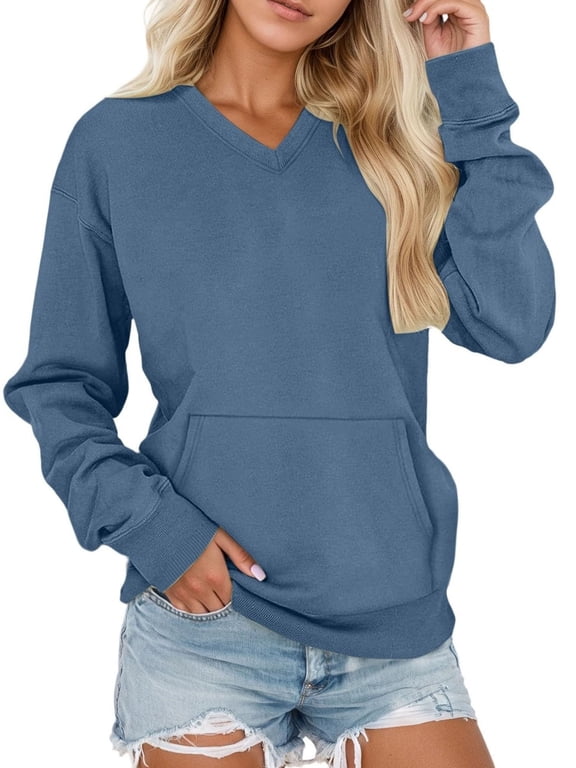 Women Sweatshirt V Neck, Long Sleeve, Casual Sweatshirt, Women's(Sky Blue, L)