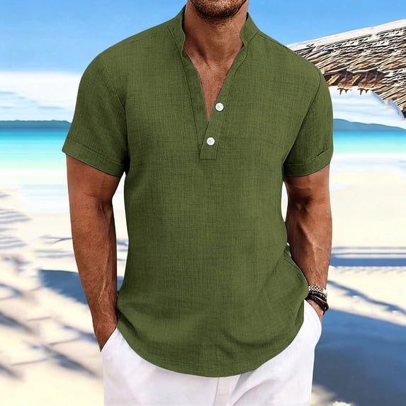Vmvidoty Fashion Men Casual Solid Short Sleeve Stand-up Collar Button Shirt Tops Army Green XL