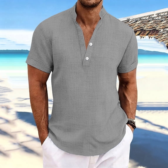 Vmvidoty Fashion Men Casual Solid Short Sleeve Stand-up Collar Button Shirt Tops Gray M