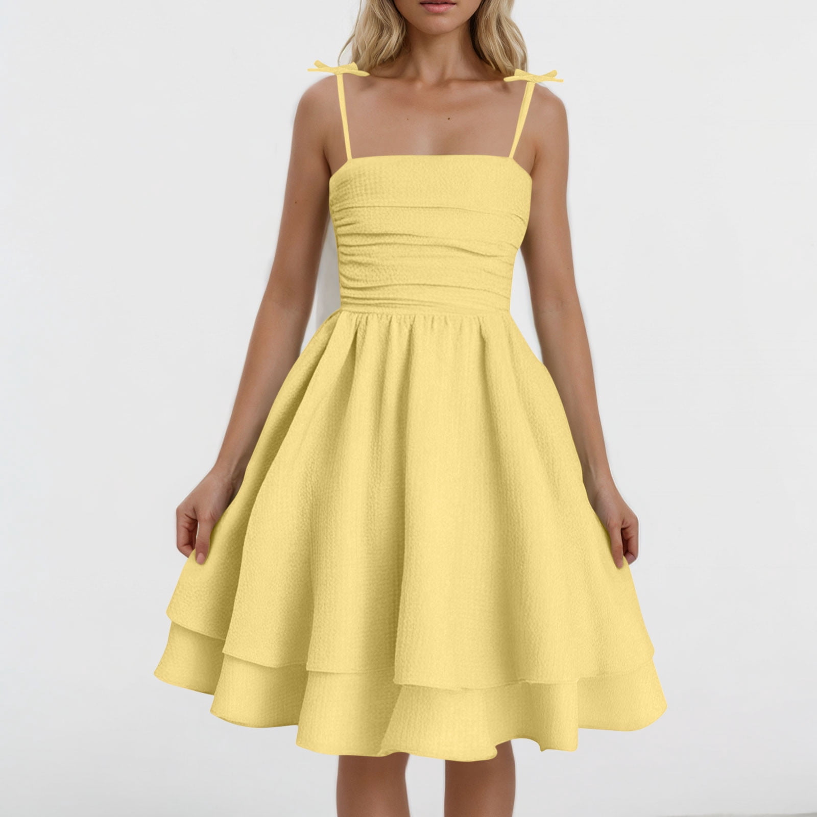 Vmvidoty Girl's Smocked Ruched A Line Swing Dress Double-layer Tie