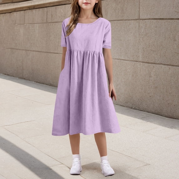 Vmvidoty Girls Casual Dress Puff Sleeve A-Line Swing Flared Party Birthday Formal Dresses Purple 160
