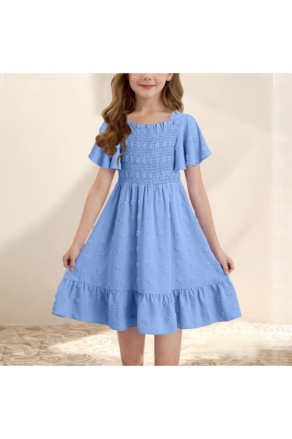 Girls Dresses Crew Neck Short Sleeve Ruffled Dress for Spring Summer Blue 4 Years