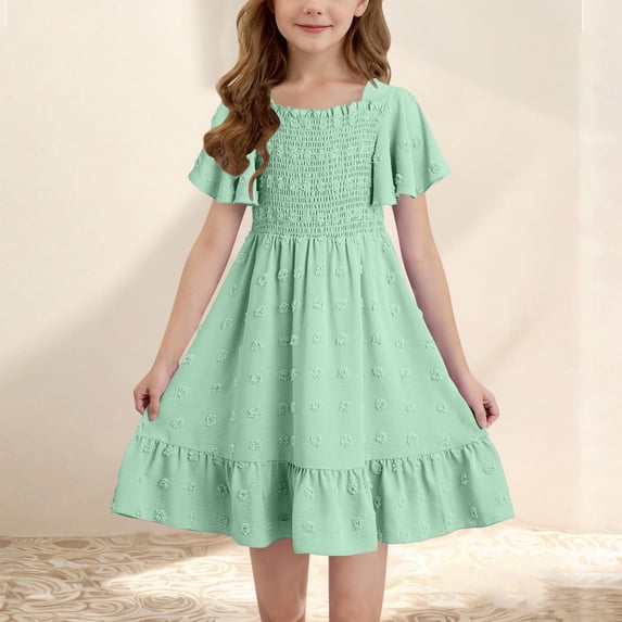 Vmvidoty Girls Dresses Crew Neck Short Sleeve Ruffled Dress for Spring Summer Green 13 Years
