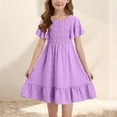 thumbnail image 1 of Vmvidoty Girls Dresses Crew Neck Short Sleeve Ruffled Dress for Spring Summer Purple 6 Years, 1 of 8