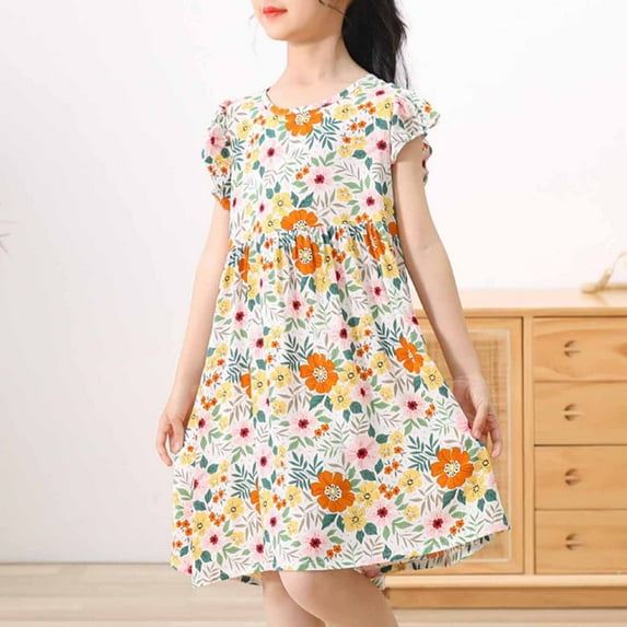 Vmvidoty Girls Floral Print Flutter Sleeve Cooton Sundress Cute Summer Midi Dresses Casual Kids A-line Dress Colorful Flower Multicolor 4 Years