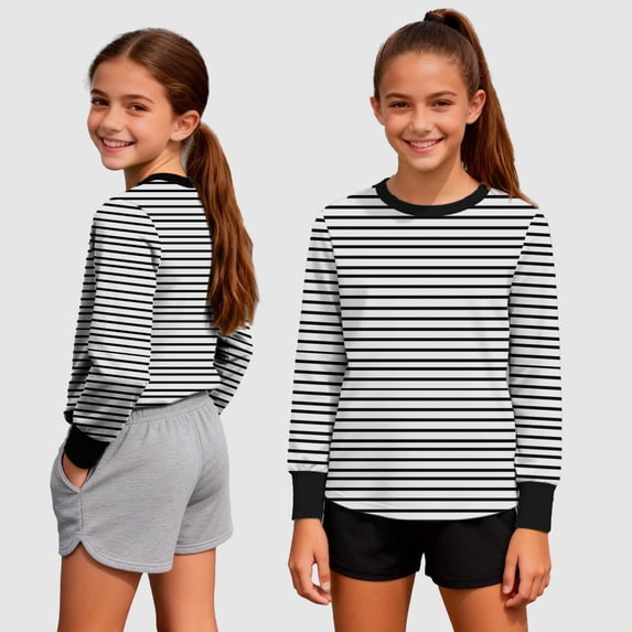 Vmvidoty Girls Long Sleeve Shirts Kids Crewneck 2026 Fall Striped Tops 5-16 Years Spring Fall Winter Sweater Striped Tops Black 9 Years