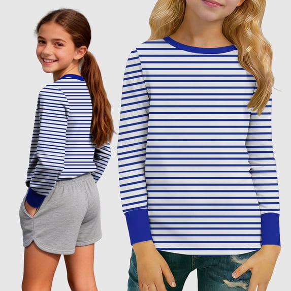 Vmvidoty Girls Long Sleeve Shirts Kids Crewneck 2026 Fall Striped Tops 5-16 Years Spring Fall Winter Sweater Striped Tops Blue 5 Years