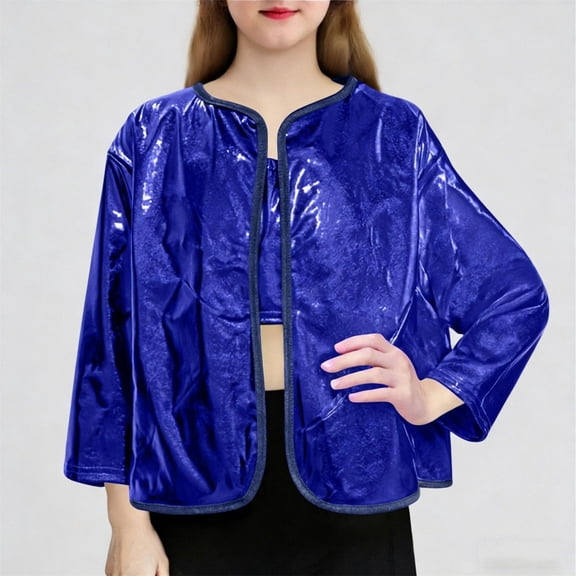 Vmvidoty Girls Shiny Party Long Sleeve Lightweight Zipper Metallic Jacket Blue 13-14 Years