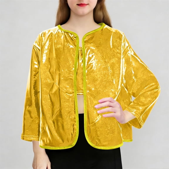 Vmvidoty Girls Shiny Party Long Sleeve Lightweight Zipper Metallic Jacket Gold 3-4 Years
