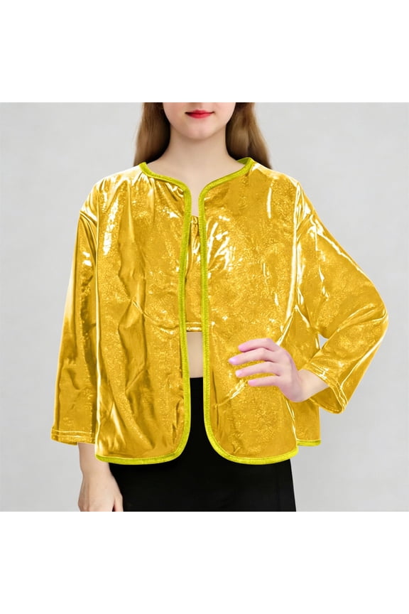 Girls Shiny Party Long Sleeve Lightweight Zipper Metallic Jacket Gold 3-4 Years