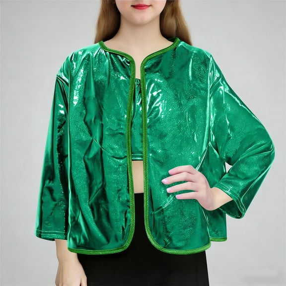 Vmvidoty Girls Shiny Party Long Sleeve Lightweight Zipper Metallic Jacket Green 3-4 Years