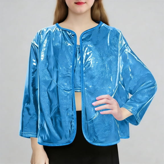 Vmvidoty Girls Shiny Party Long Sleeve Lightweight Zipper Metallic Jacket Sky Blue 3-4 Years