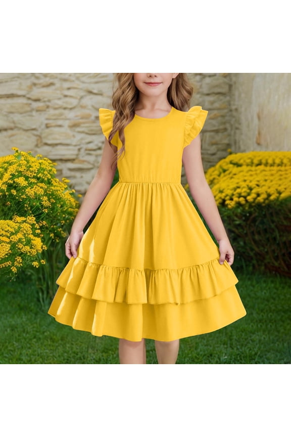 Girls Summer Flutter Sleeve One-Piece Frock Dress Yellow 7 Years