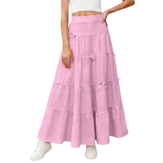 Vmvidoty Girls Summer Pleated Skirts Elastic High Waist Maxi A Line Linen Trendy Flowy Dresses Pink 4-5Years