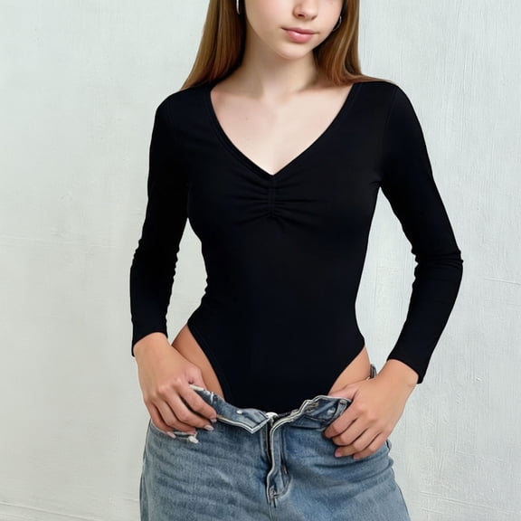 Vmvidoty Girls V Neck Bodysuit Basic Ribbed Long Sleeve Shirt Spring Tops Black 5-6Years