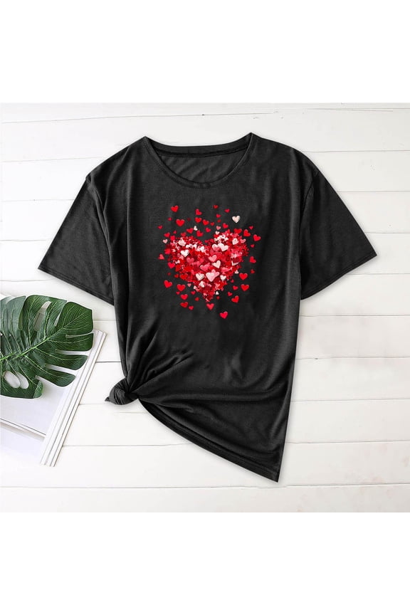 Graphic Shirt for Women Cute Red Heart Short Sleeve Ladies Tee Tops Teen Girls Casual T Shirt Black XXL