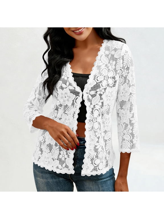 Lace Cardigan for Women Open Front Long Sleeve Sheer Lace Floral Crochet Summer Shrug Bolero Cover Up White 2XL