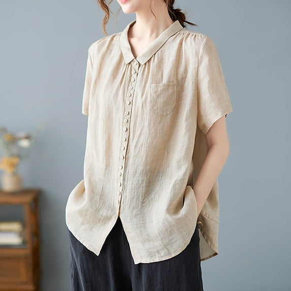 Vmvidoty Linen Button Down Shirt for Women Casual Short Sleeve Blouses Summer Collared Tops Beige XXL