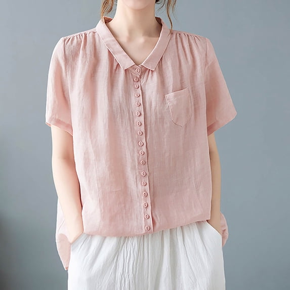Vmvidoty Linen Button Down Shirt for Women Casual Short Sleeve Blouses Summer Collared Tops Pink M