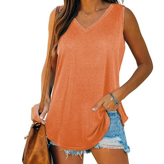 Vmvidoty Long Tank Tops For Women rint Tank-Neck Basic Casual Flowy Summer Sleeveless T-Shirt Basic Tank Tops For Women Orange XXL