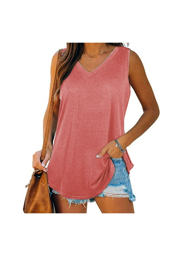 Long Tank Tops For Women rint Tank-Neck Basic Casual Flowy Summer Sleeveless T-Shirt Basic Tank Tops For Women Watermelon Red S