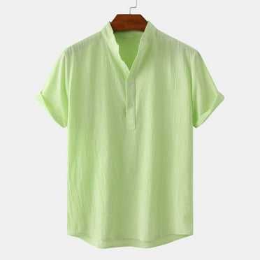 Ofreoo Men Casual Solid Buttons Beach Pullover Stand-up Collar Short Sleeve Shirt Blouse Gift for Boys