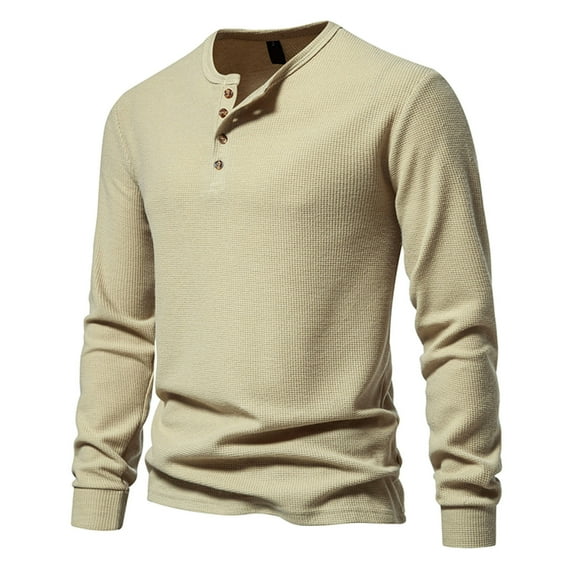 Vmvidoty Men's Casual Fit Solid Color Long Sleeve Top Comfortable Soft Khaki L
