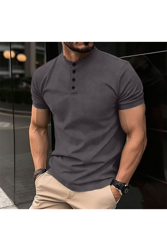 Men's Muscle Slim Henley Shirts Crewneck Longline T-Shirt Gym Workout Athletic Shirt Tees with Button Gray XXL