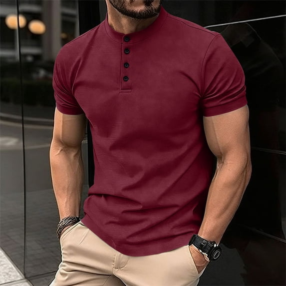 Vmvidoty Men's Muscle Slim Henley Shirts Crewneck Longline T-Shirt Gym Workout Athletic Shirt Tees with Button Wine M