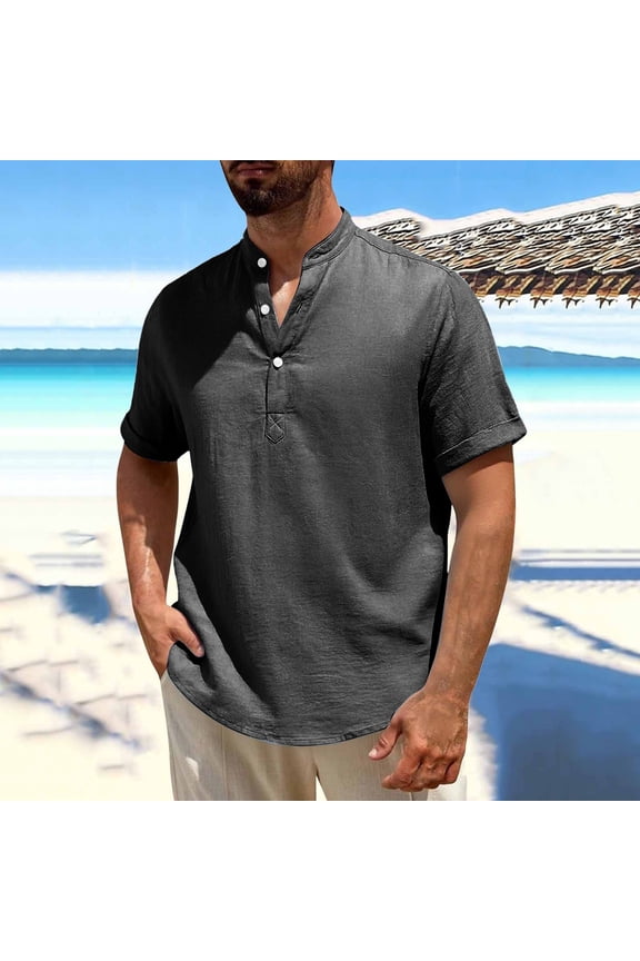 Men's Oversize Solid Color Henley Shirt Band Collar Button Down Short Sleeve Tee Cotton Beach Wear Tops Black XXXXXL