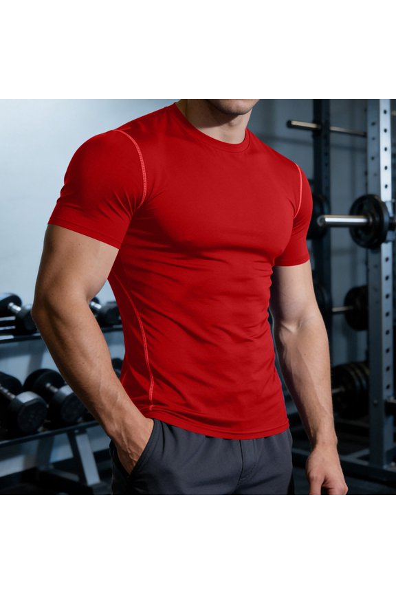 Men's Shirts Short Sleeve Workout Gym T-Shirt Running Tops Cool Dry Sports Base Layer Athletic Undershirts Red XL