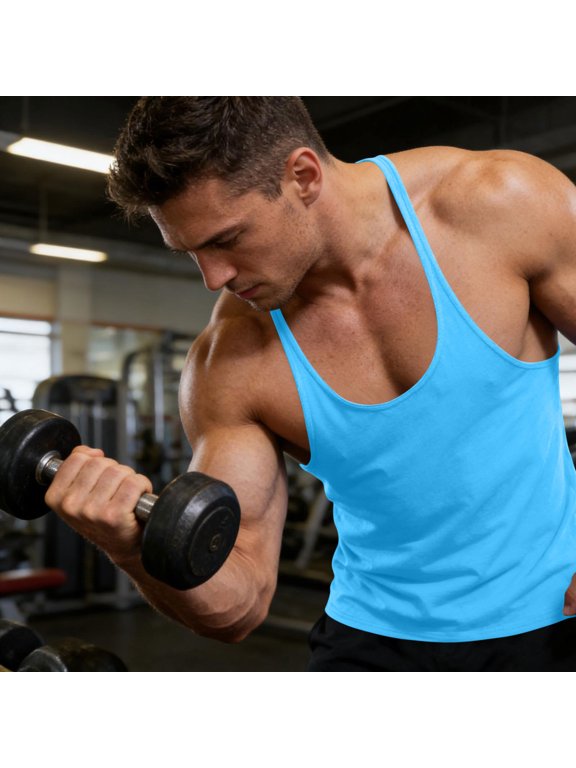 Men's Stringer Tank Tops Muscule Cut Bodybuilding Gym Vest Workout Sleeveless T-Shirt Light Blue 2XL