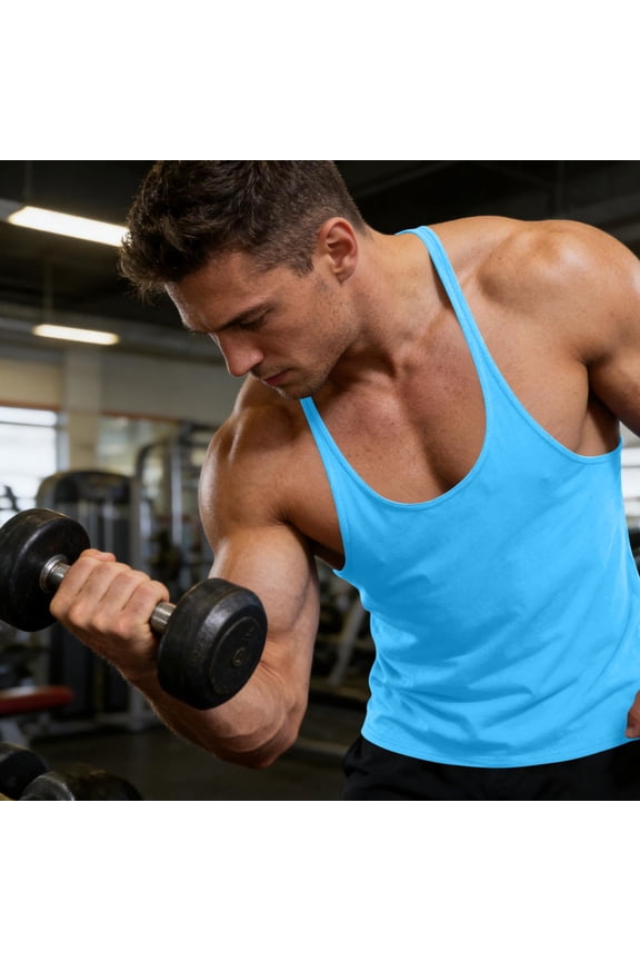 Men's Stringer Tank Tops Muscule Cut Bodybuilding Gym Vest Workout Sleeveless T-Shirt Light Blue M