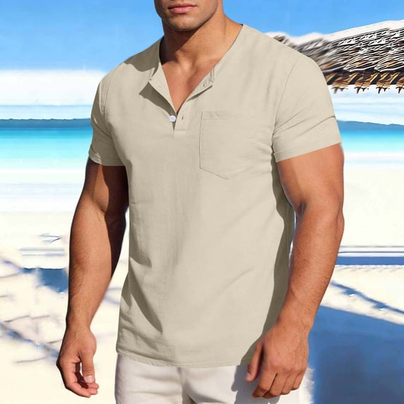 Vmvidoty Men's Summer Tops Dressy Casual Short V Neck Buttons Blouses Shirts Khaki M
