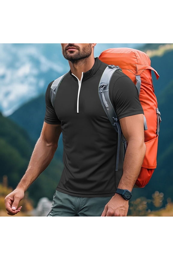 Men's Workout Shirt Athletic Core Shirt Quick Dry Stand Collar Short Sleeve Performance T-Shirt Black M