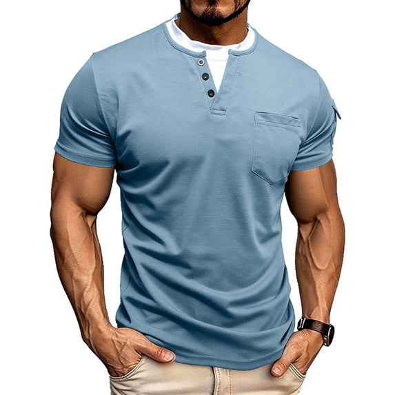 Vmvidoty Mens Fashion Henley Shirts Long Sleeve Button Cotton T-Shirt with Pocket Light Blue XXL