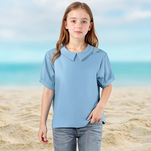 Vmvidoty Peter Pan Collar Blouse for Girls Short Sleeve Kawaii Top 3-14 Years Blue 9 Years