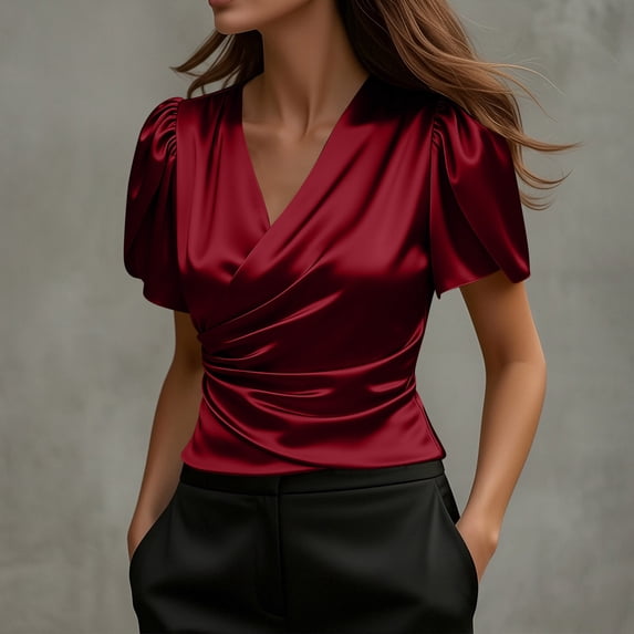 Vmvidoty Pleated Blouses for Women Dressy Satin Tops Business Work Shirts V Neck Summer Outfits Red S