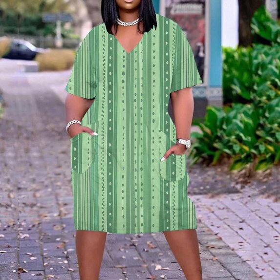 Vmvidoty Plus Size Summer Short Sleeve Midi Dresses for Women Casual Striped T Shirt Dresses Loose Beach Sundress with Pockets Green 4XL