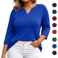 thumbnail image 1 of Vmvidoty Plus Size Tops L-5XL Women's Dressy Casual Tops Business Work Blouses 3/4 Length V Neck Shirts Blue L, 1 of 8