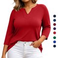 thumbnail image 1 of Vmvidoty Plus Size Tops L-5XL Women's Dressy Casual Tops Business Work Blouses 3/4 Length V Neck Shirts Red 3XL, 1 of 8
