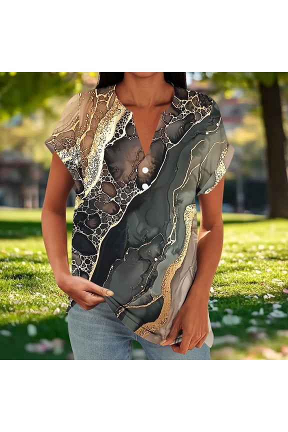 Plus-Size-Tops for Women Casual V Neck Tshirts Short Sleeve Tees Fashion Floral/Pattern Print Tie Dye Tunics Khaki S